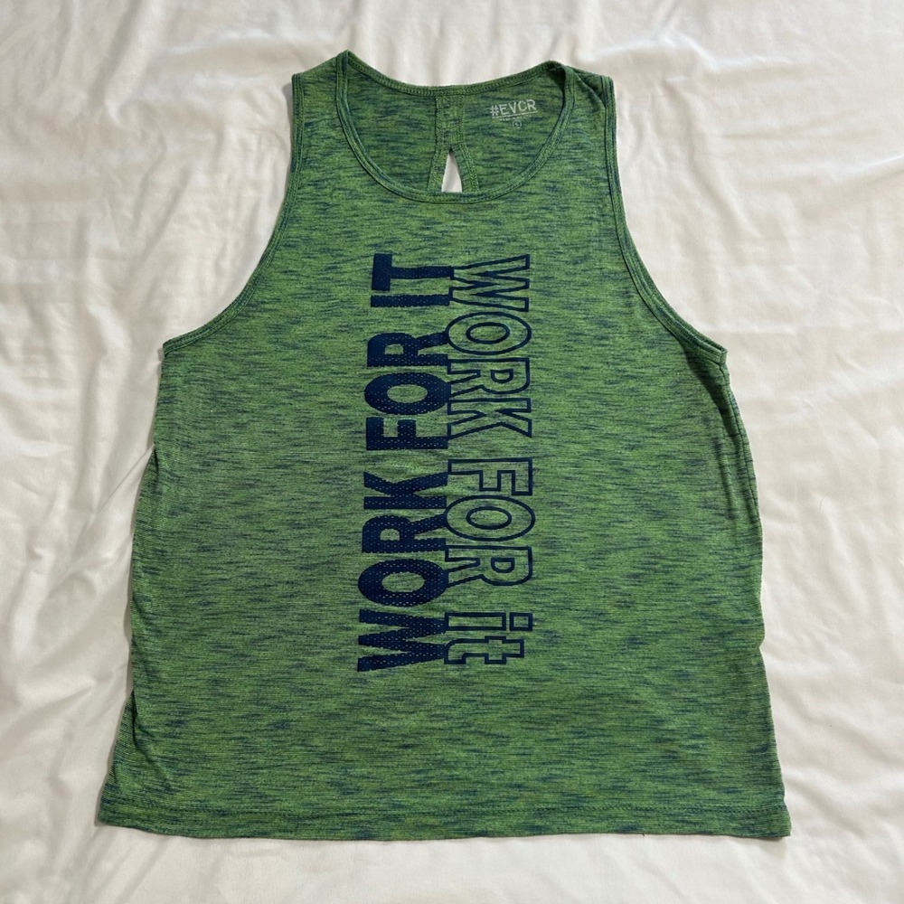 EVCR Womens Green Work For It Graphic Activewear Tank Top Keyhole Back Size S